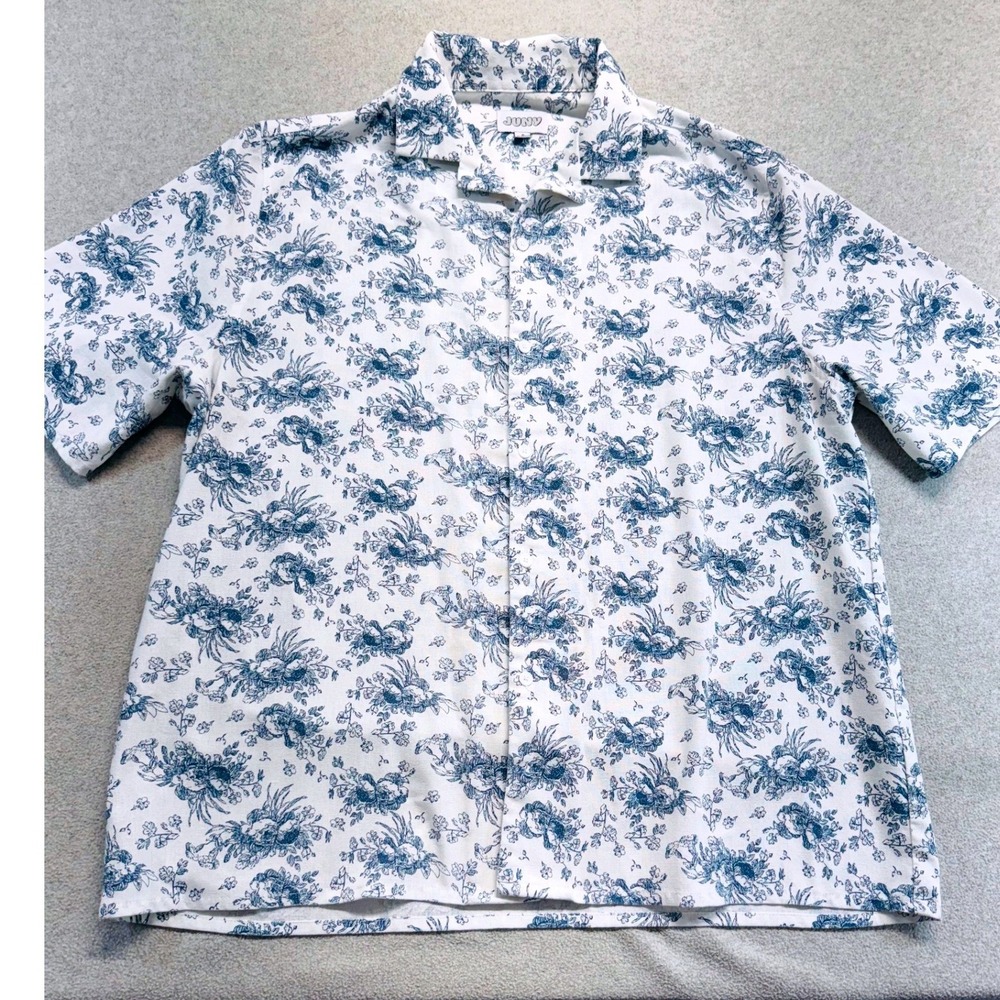 Juny Women's L Blue Floral Toile Button Front Shirt Linen Blend Short Sleeve